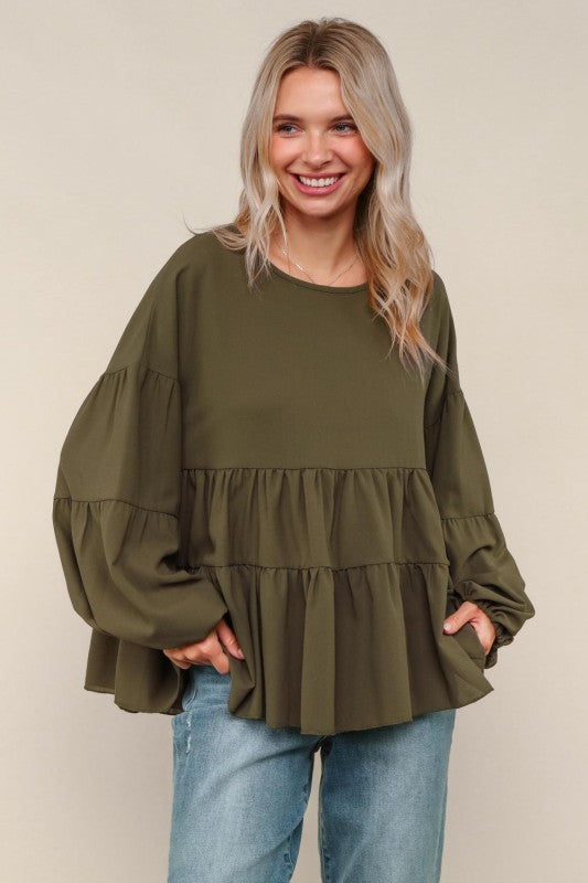 Haptics Olive Babydoll Oversized Tired Blouse