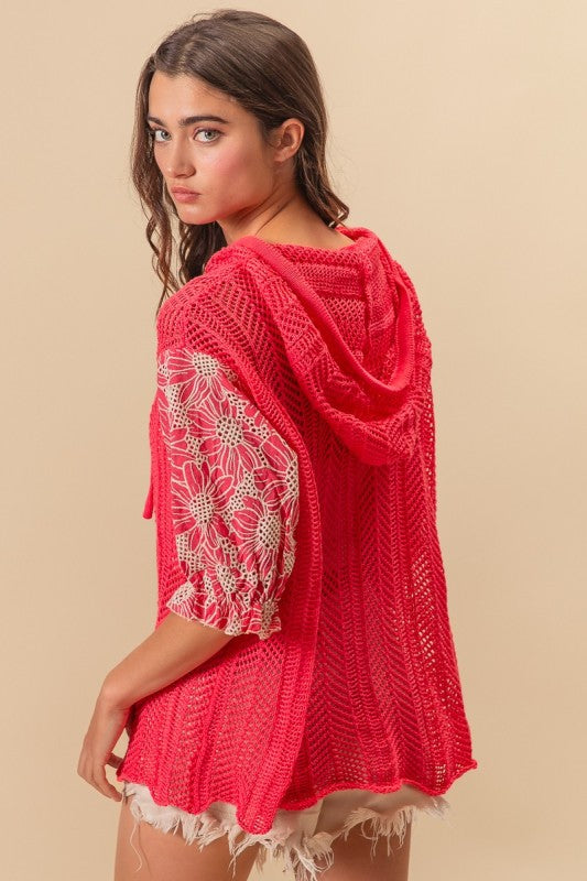 BiBi Taupe Jacquard Flower Puff Sleeve Hooded Knit Top