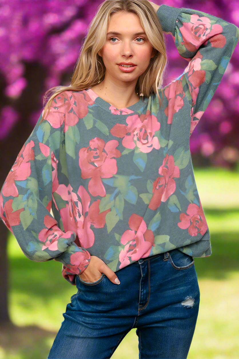 Haptics Hunter Green Floral Brushed Hacci Sweater Top
