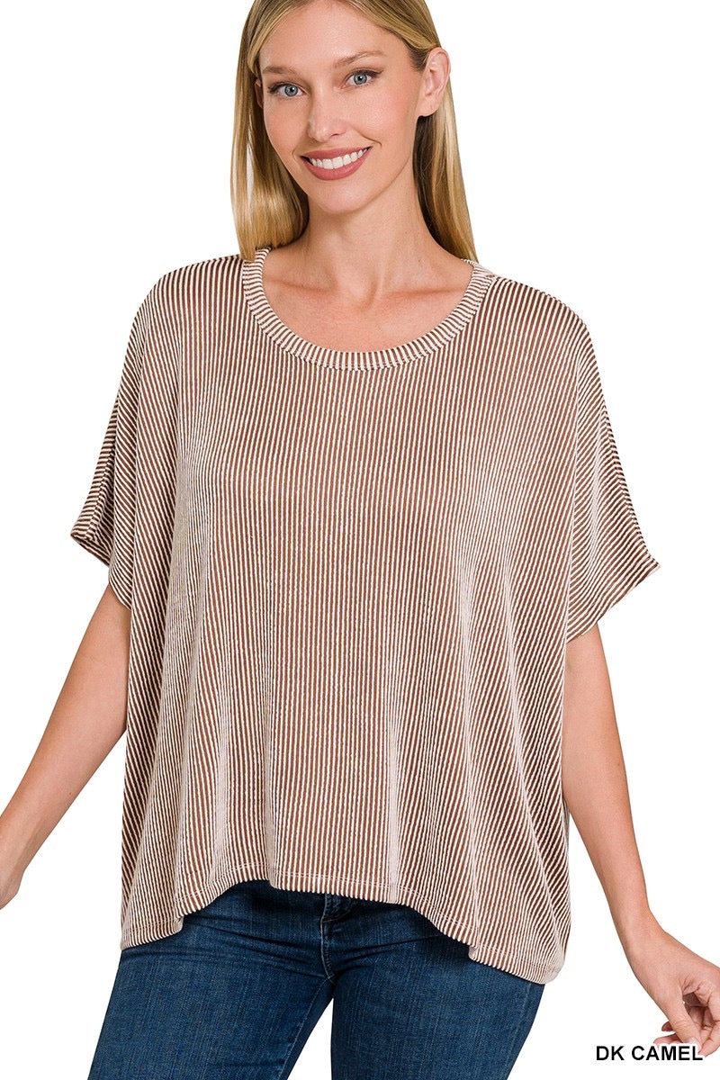 Zenana Ribbed Oversized Top Dark Camel