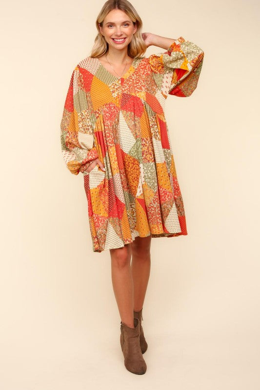 Haptics Fall Waffle Textured Patchwork Babydoll Dress