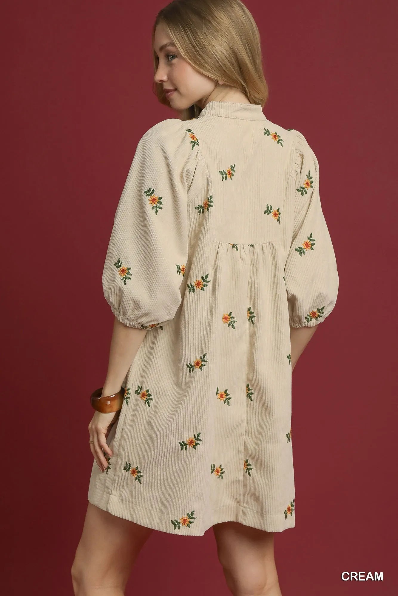 Umgee Cream Corduroy Babydoll Dress with Floral Embroidery