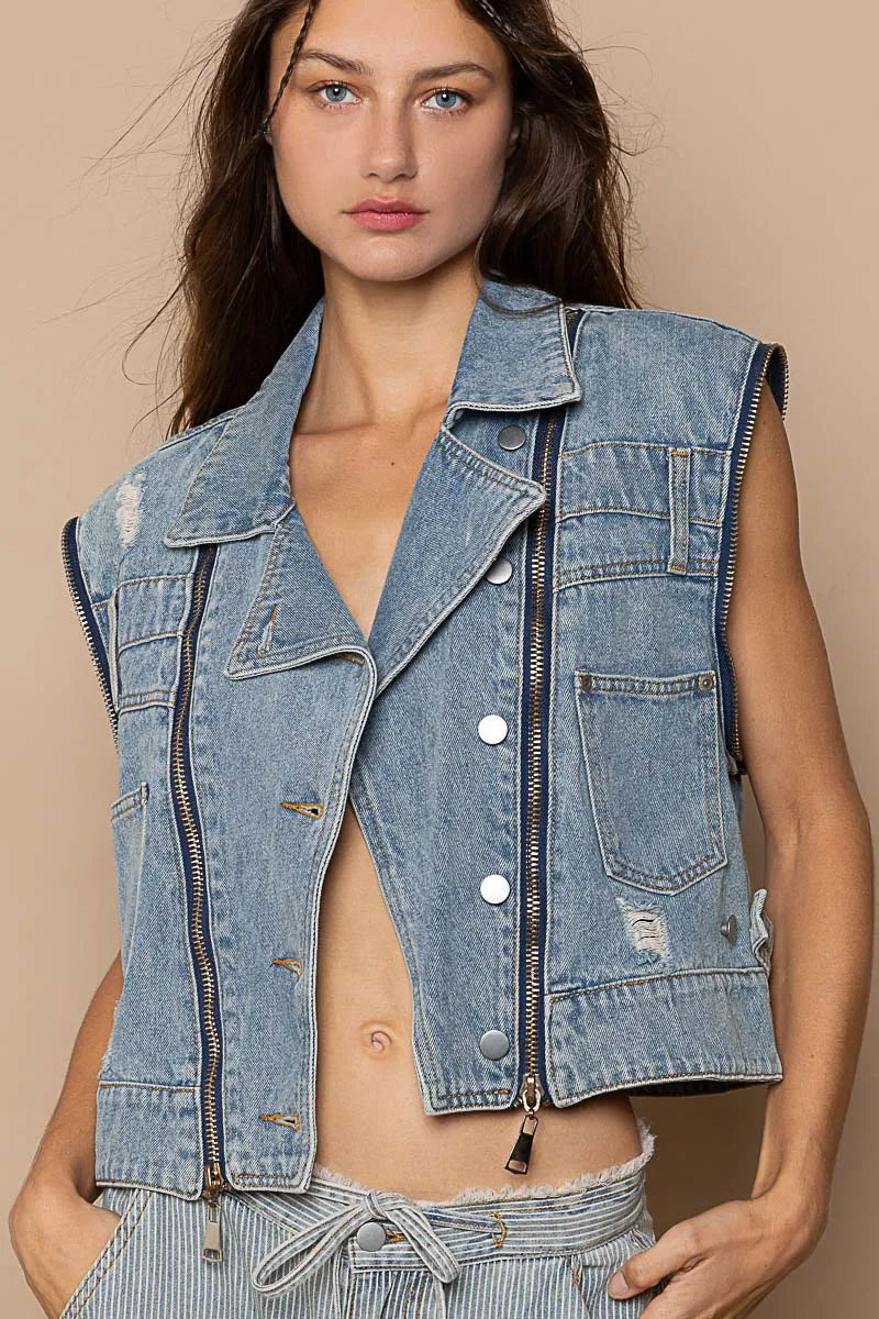 POL Dusty Blue Cropped Denim Jacket with Functional Zipper Detail