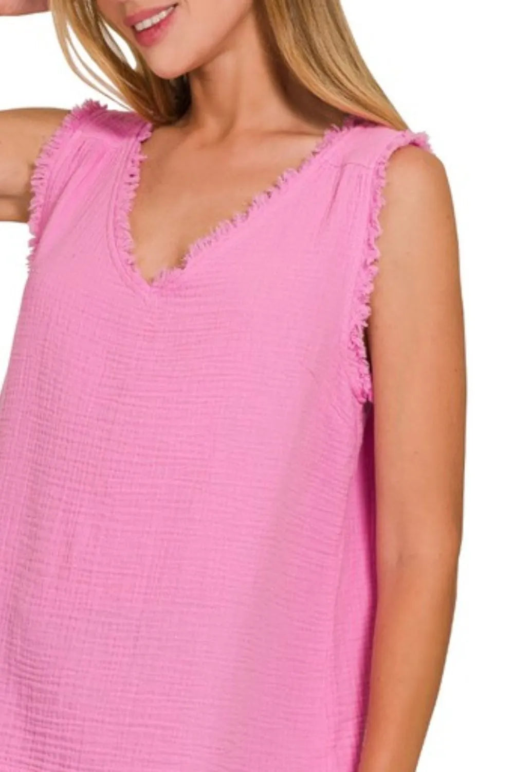 Zenana Candy Pink Double Gauze Raw Edge V-Neck Tank