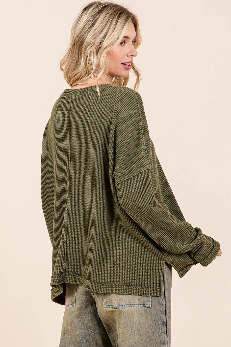 Mittoshop Olive Mineral Wash Cutout Pocket Long Sleeve Waffle Knit Top