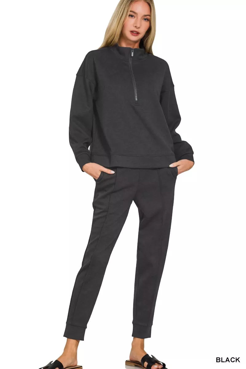 Zenana Black Scuba Half Zip Pullover and Jogger Set BLACK
