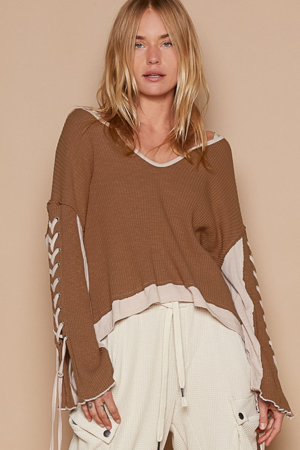 POL Notched Neck Lace-Up Sleeve Color Block Ribbed Knit Top in Milk Chocolate Shirts & Tops