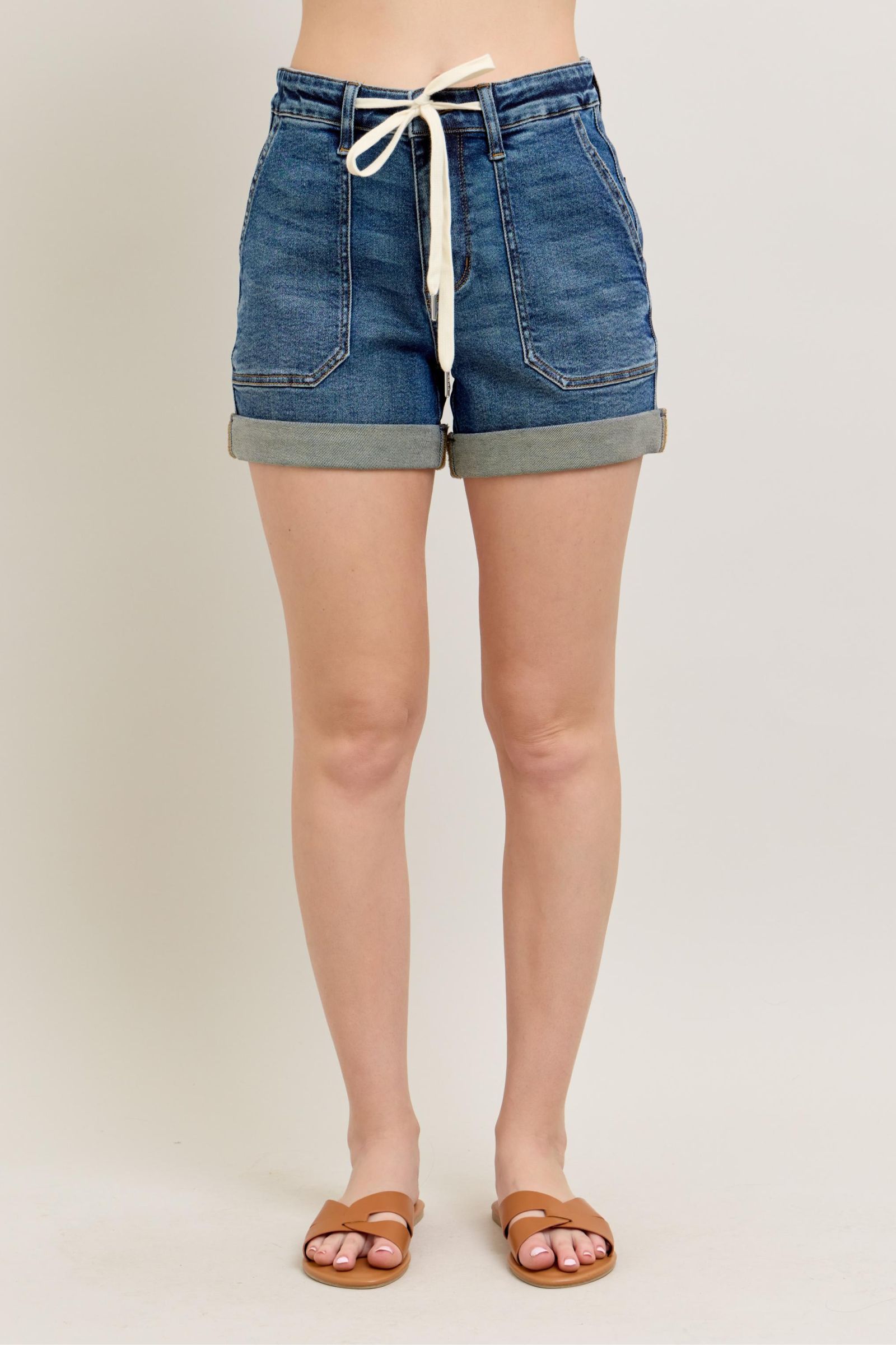 Judy Blue Dark Washed High Rise Cargo Cuff Denim Shorts Dark