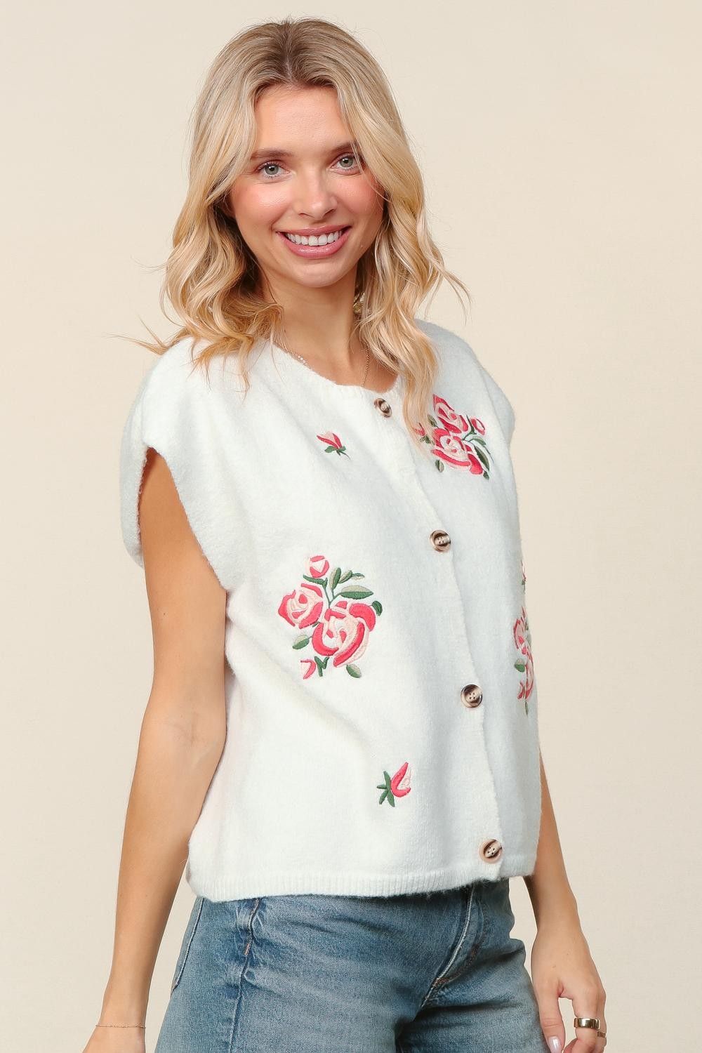 Haptics Button Down Floral Embroidery Sweater Vest