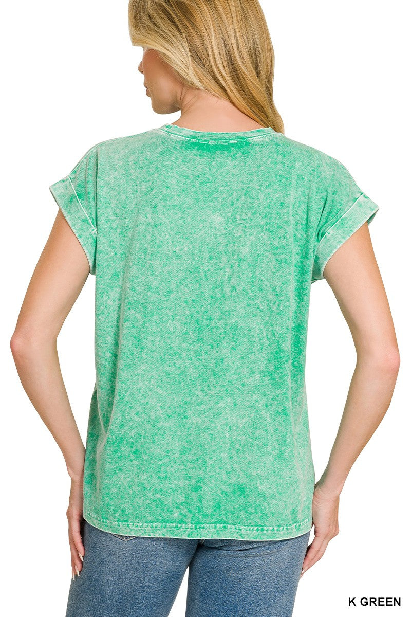Zenana Kelly Green Halo Snow Washed Cuffed Short Sleeve Tee