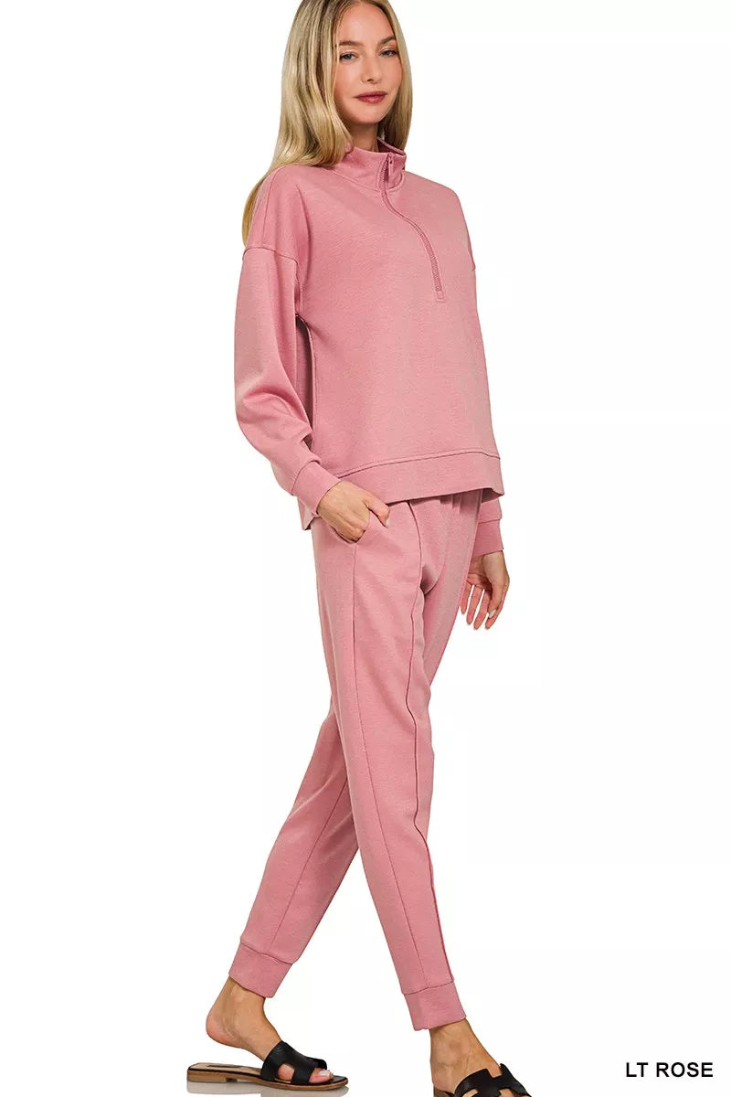 Zenana Light Rose Scuba Half Zip Pullover and Jogger Set