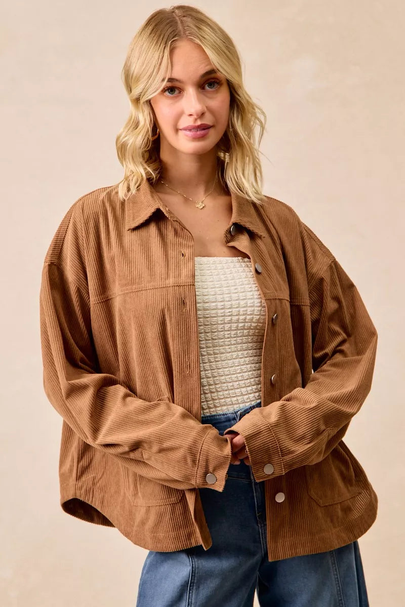 BiBi Camel Corduroy Relaxed Fit Shacket with Back Pleat