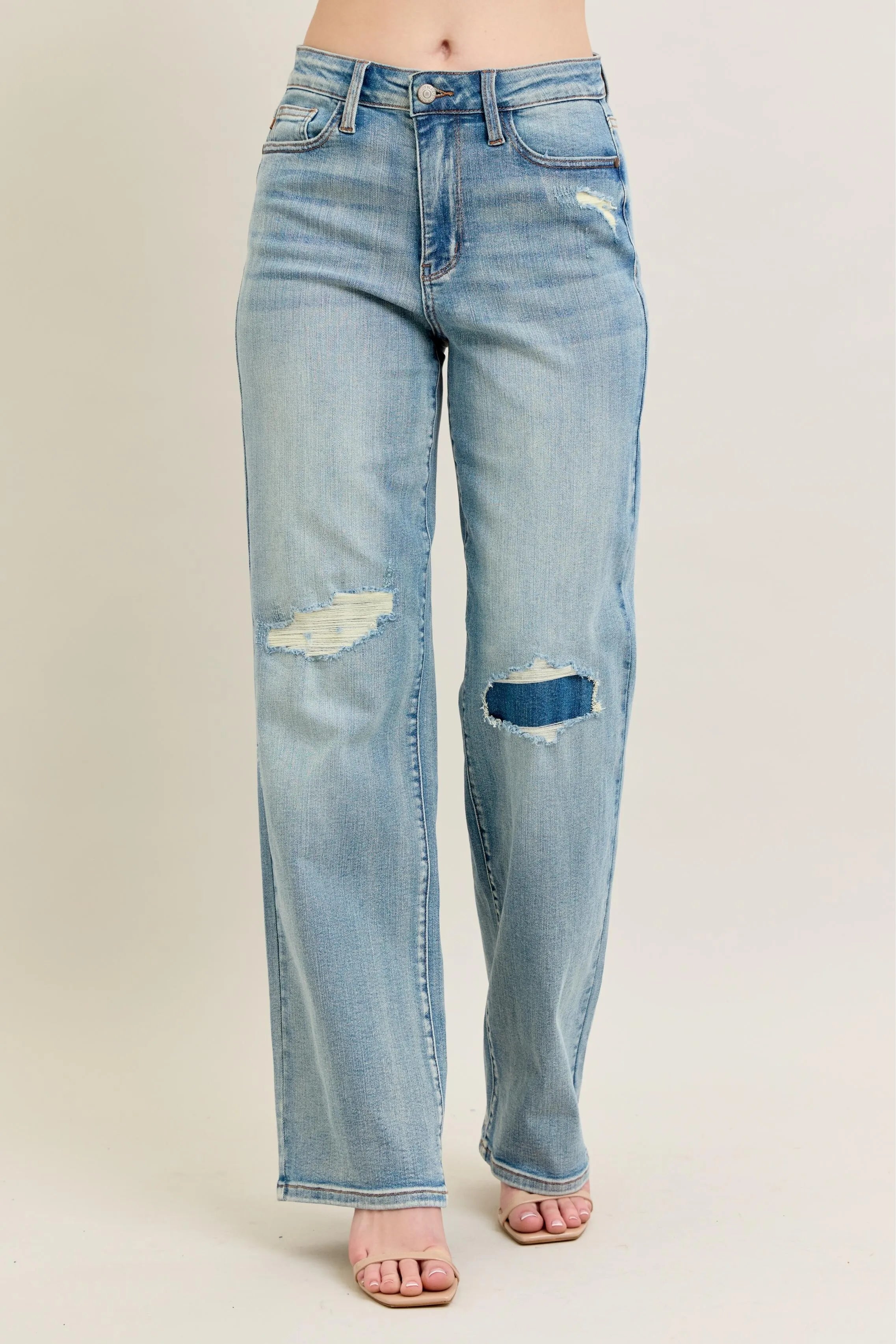 Judy Blue Waisted Distressed & Knee Patch Straight Jeans