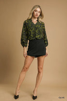 Umgee Olive Floral Velvet Burnout Blouse with Balloon Sleeves