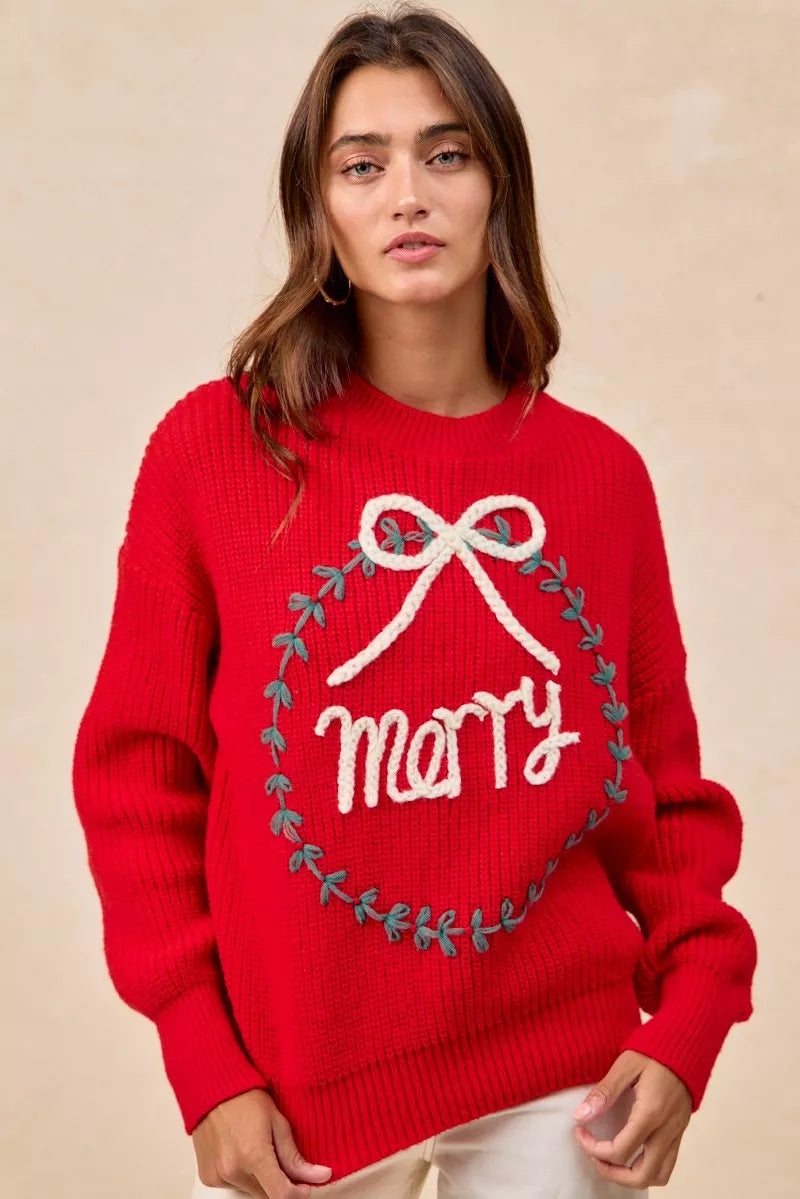 BiBi Christmas Wreath Merry Letter Knit Top