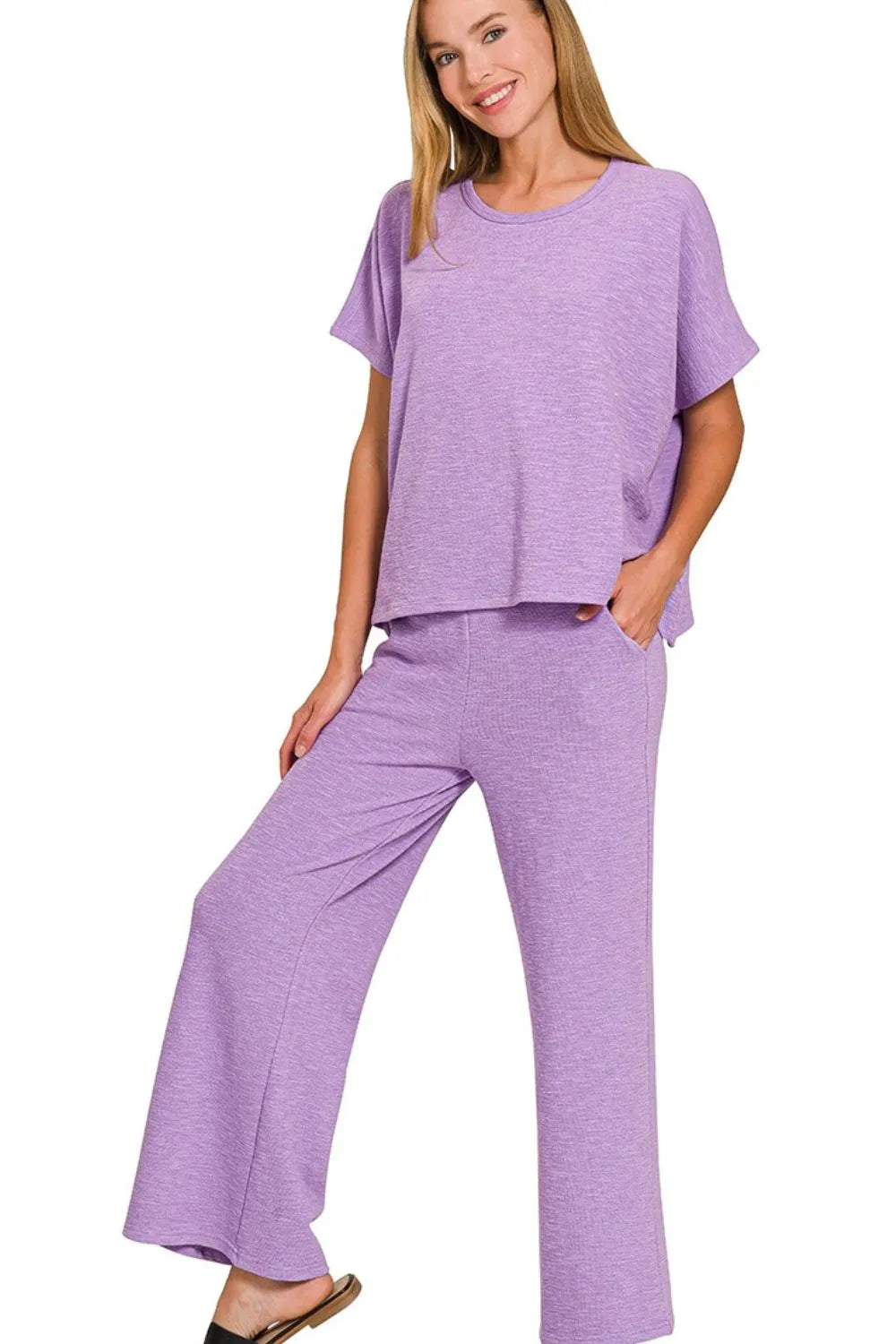 Zenana Lavender Cotton Slub Top & Pants Set