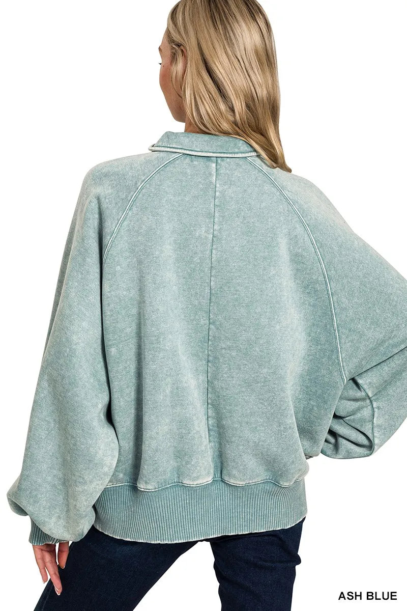 Zenana Ash Blue Acid Wash Fleece Collared Sweatshirt