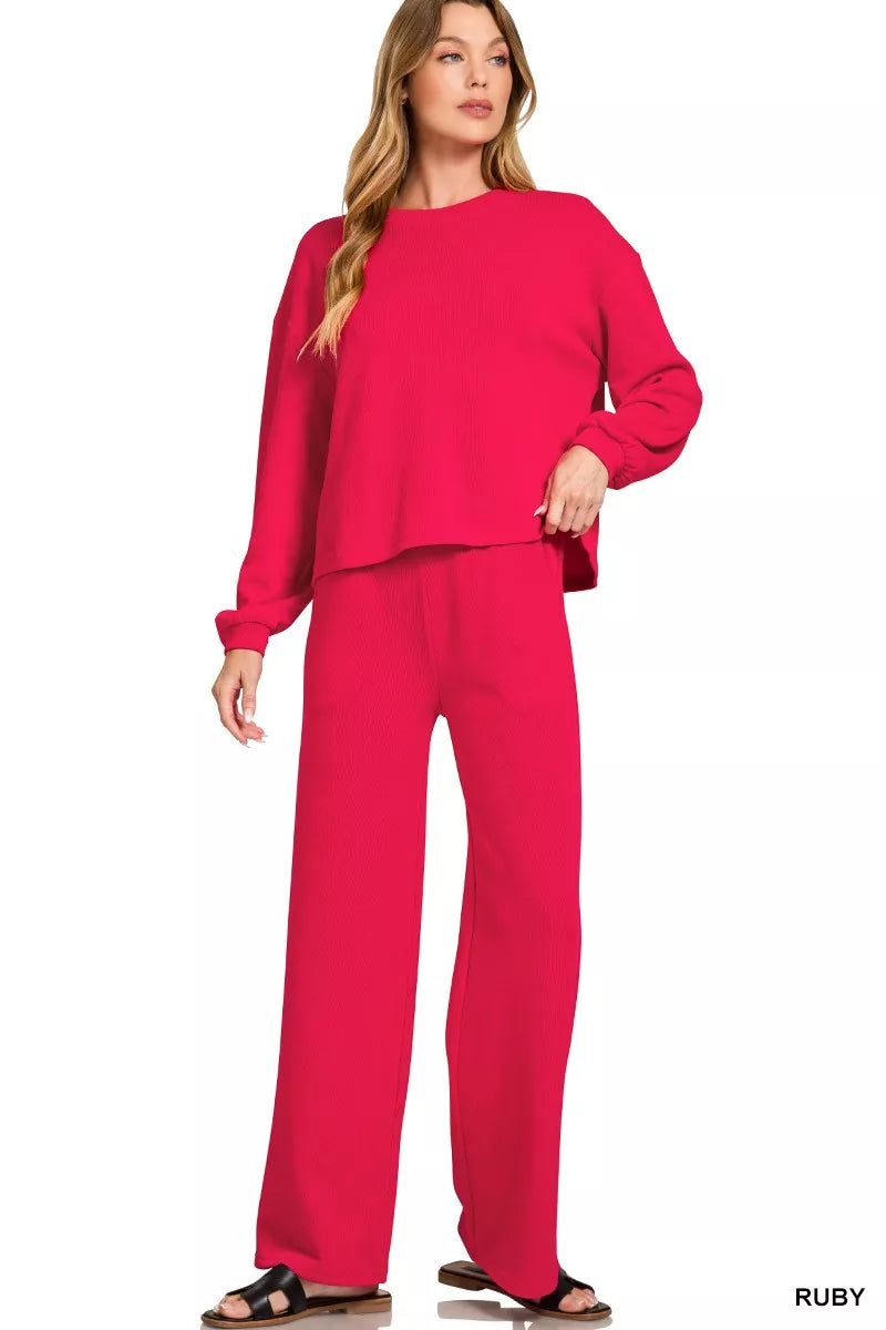 Zenana Ruby French Rib Pullover and Pants Set RUBY