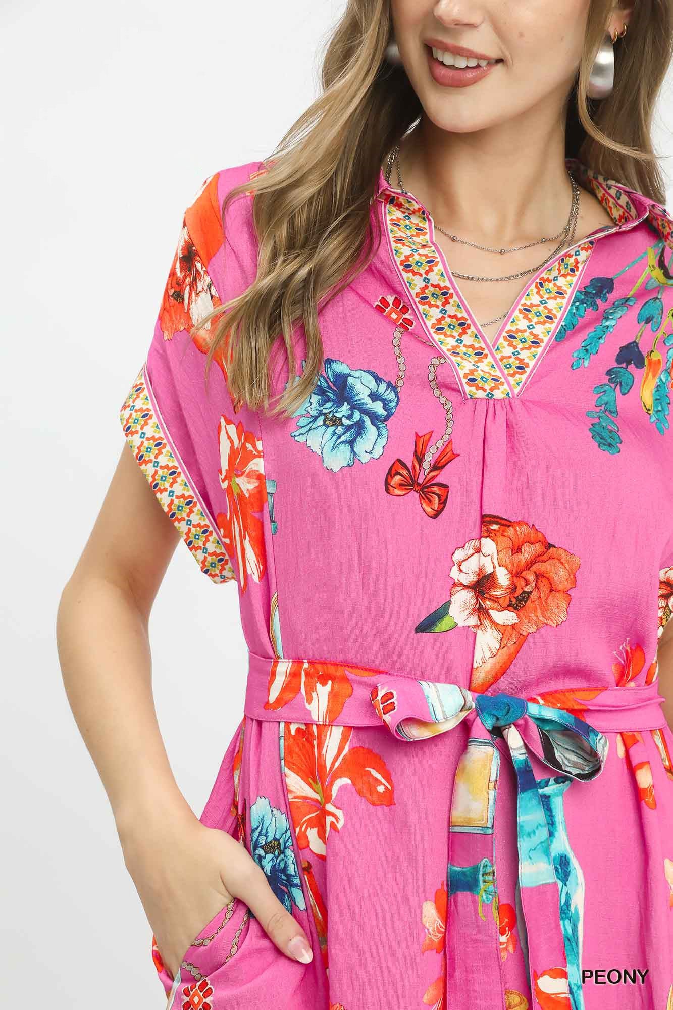 Umgee Peony Punk Floral Print Mini Dress with Belt