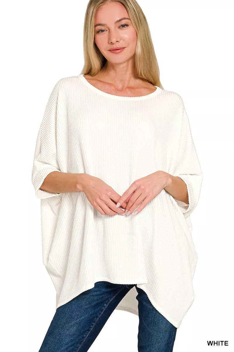 Zenana White Raised Rib Bat Sleeve Top WHITE