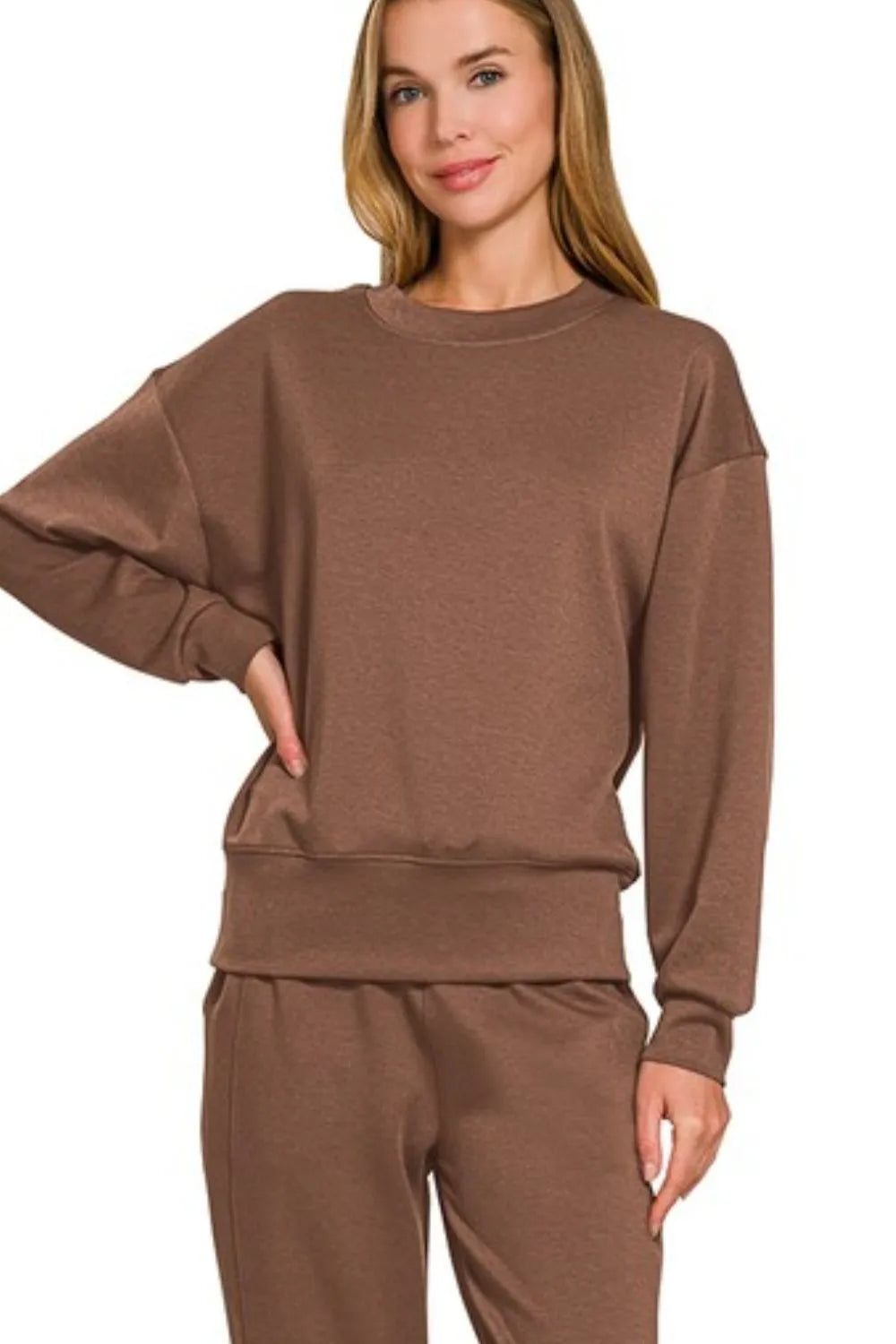 Zenana Brown Scuba Crewneck Pullover & Joggers 2 Piece Set