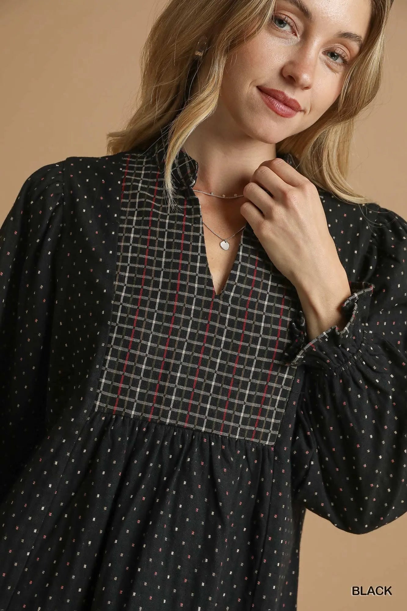 Umgee Black Polka Dot Plaid Trim Babydoll Dress