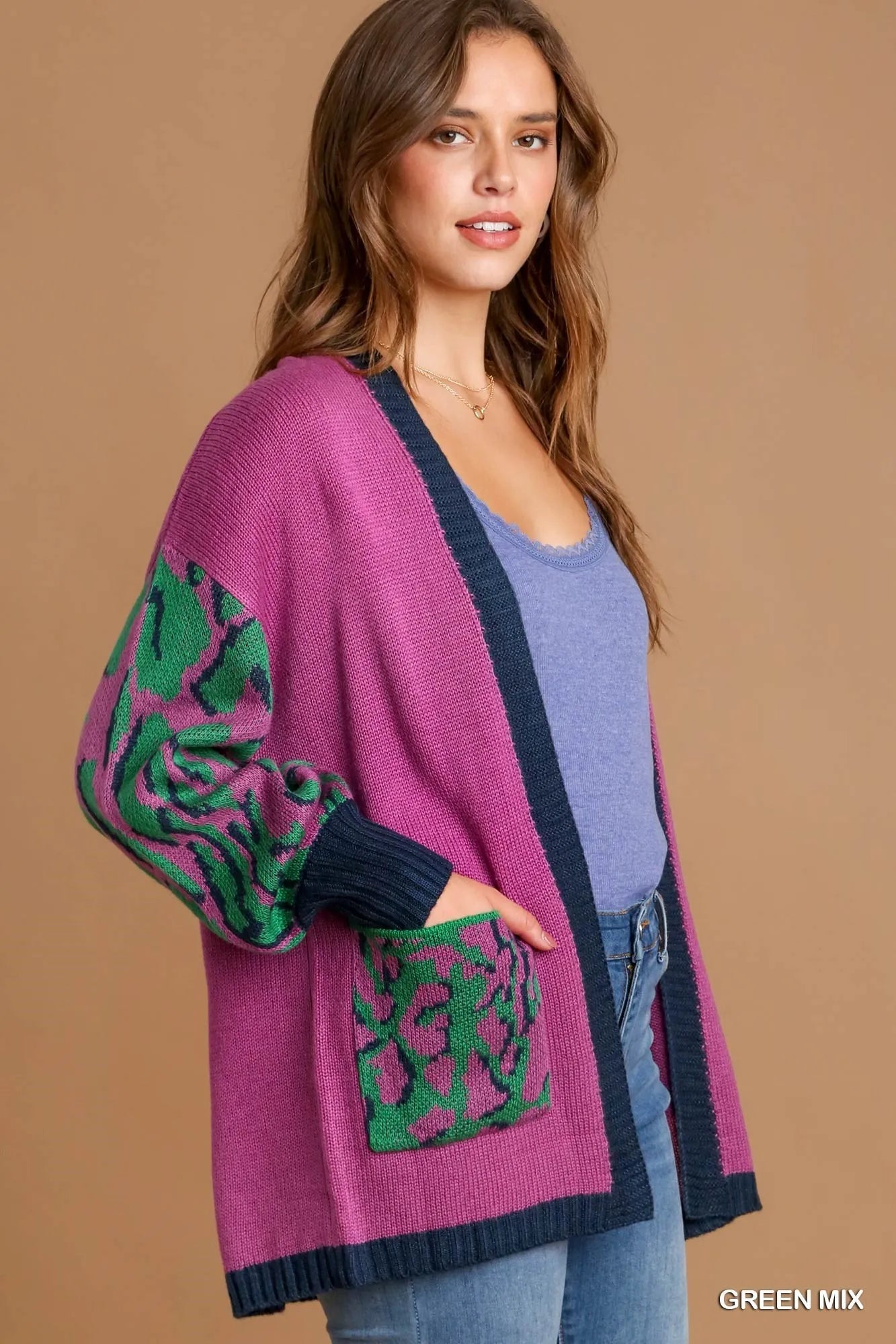 Umgee Green Mix Animal Print Open Front Sweater Cardigan