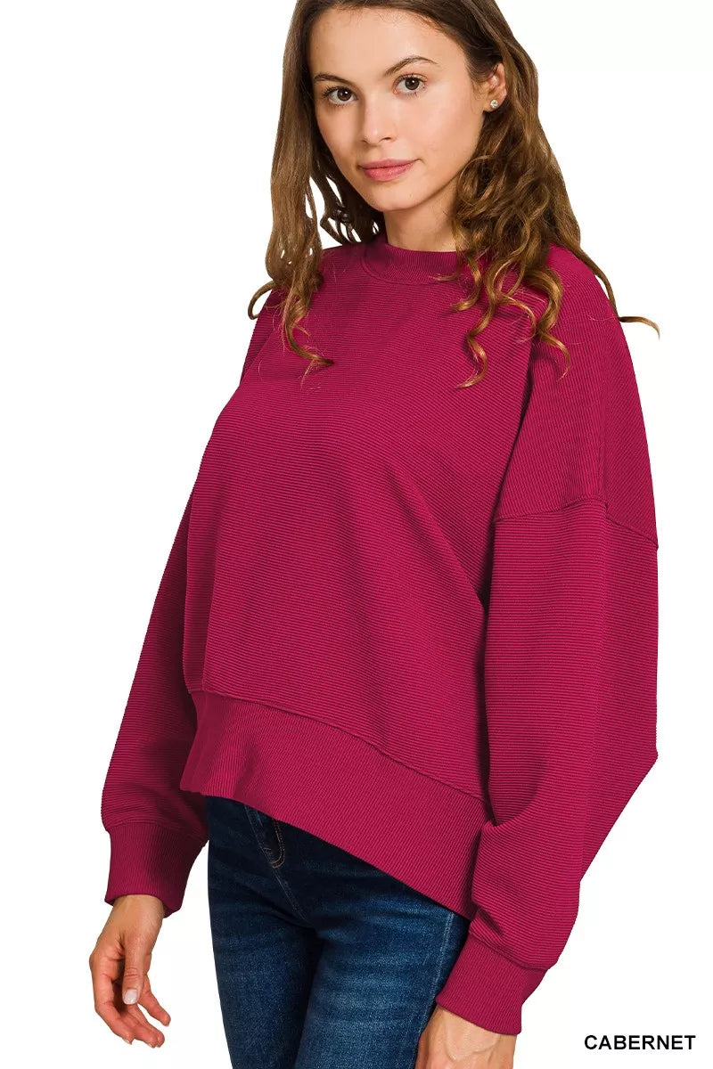 Zenana Cabernet Ribbed Round Neck Pullover and Drawstring Pants Set