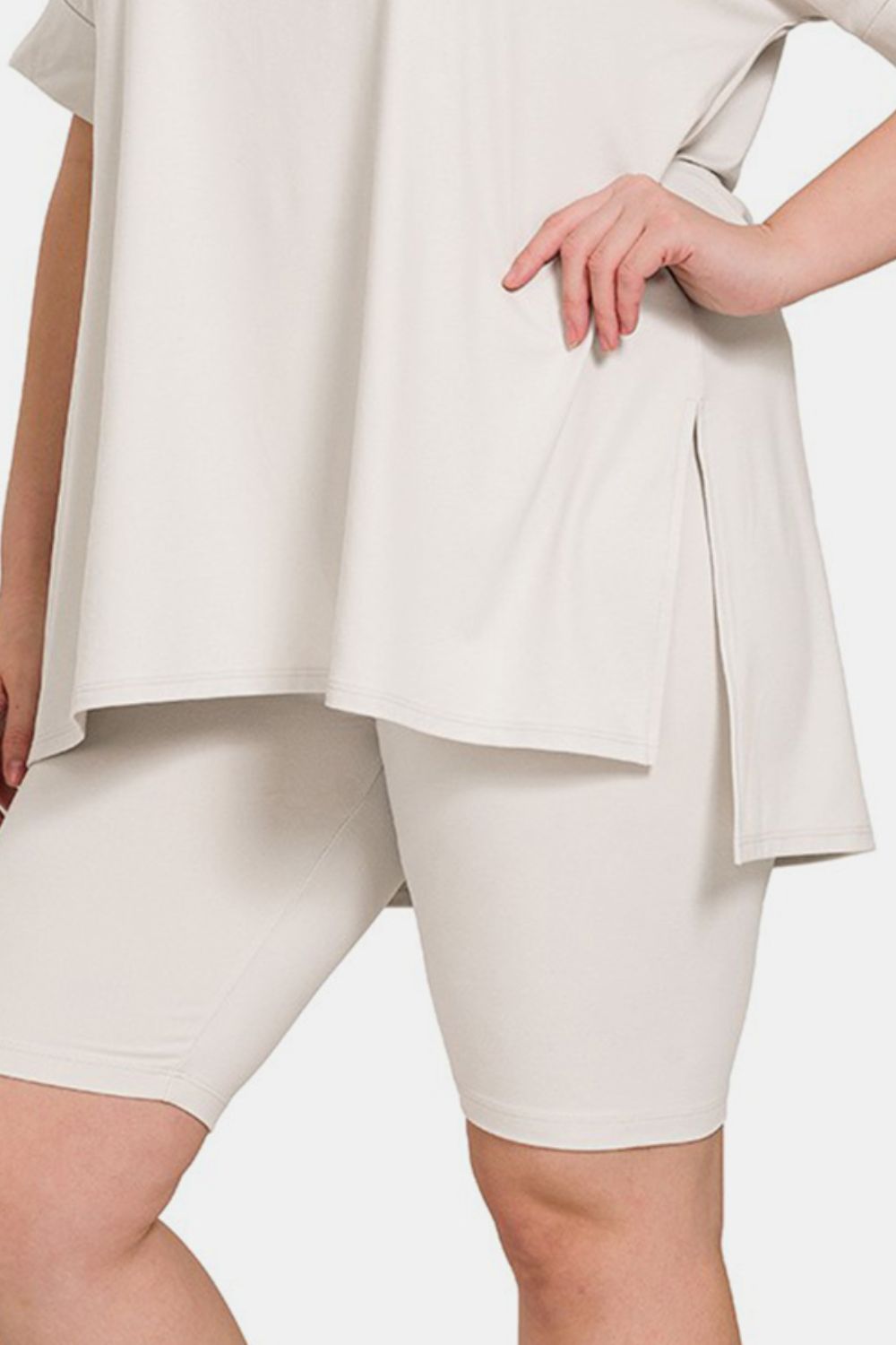 Zenana V-Neck Short Sleeve Slit T-Shirt and Shorts Set in Bone Loungewear