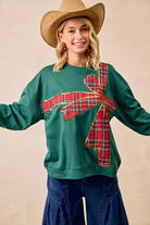BiBi Plaid Ribbon Bow Detail Christmas Fleece Pullover – Green/Red Plaid