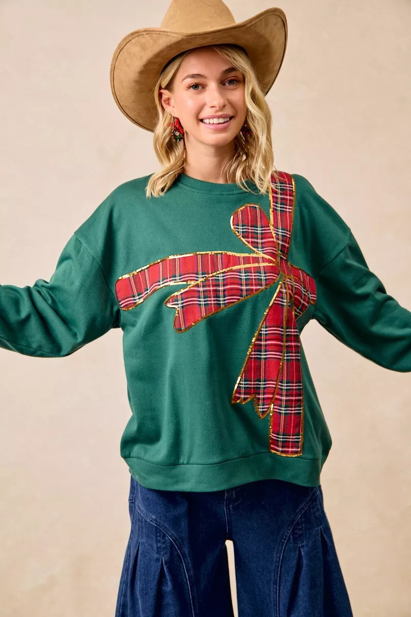 BiBi Plaid Ribbon Bow Detail Christmas Fleece Pullover – Green/Red Plaid