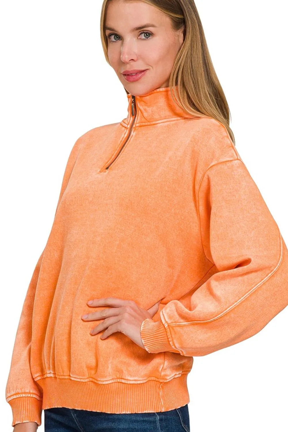 Zenana Light Orange French Terry Pigment & Enzyme Washing Half Zip Top