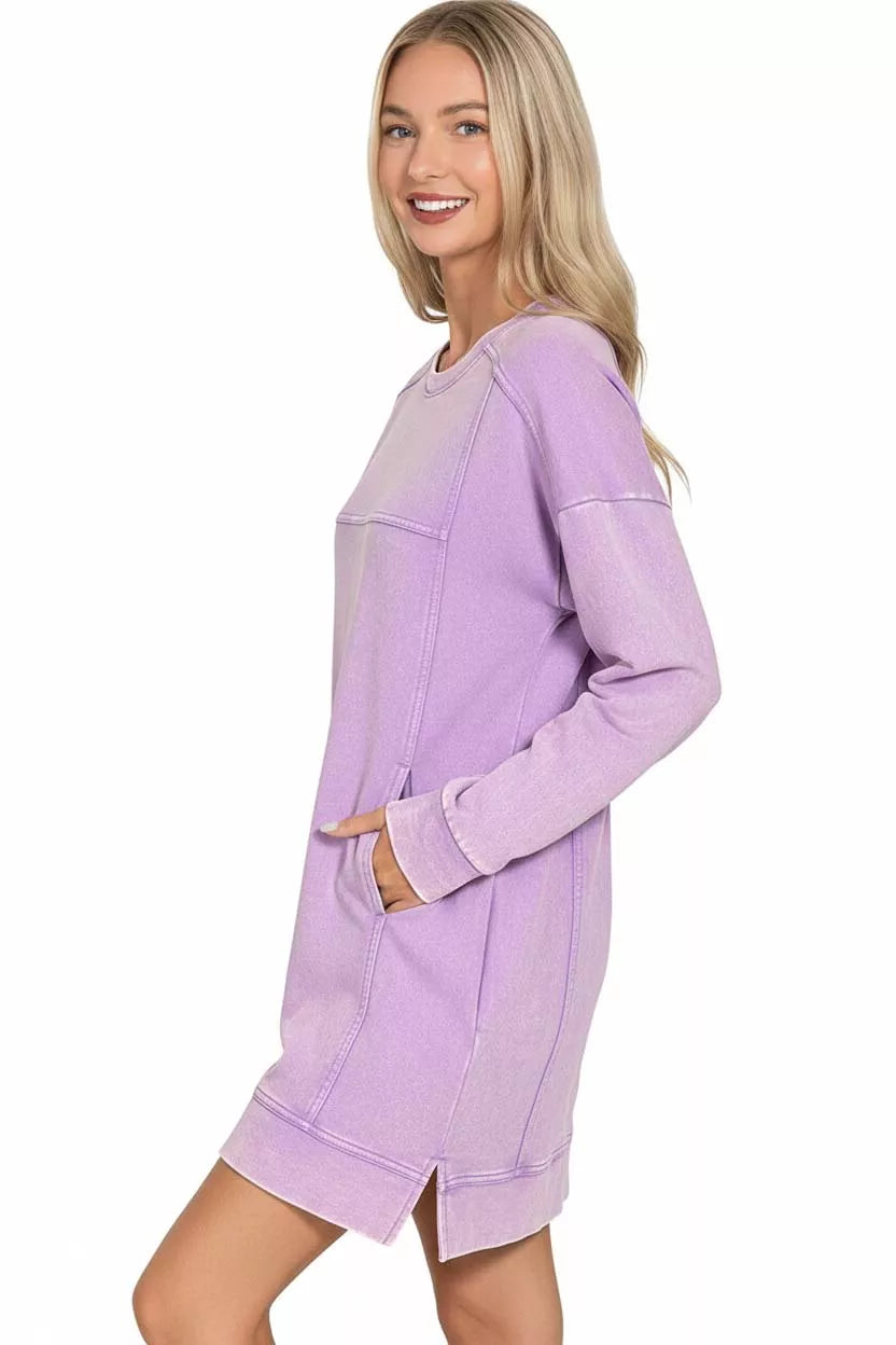 Zenana Lavender French Terry Acid Washed Dress with Pockets