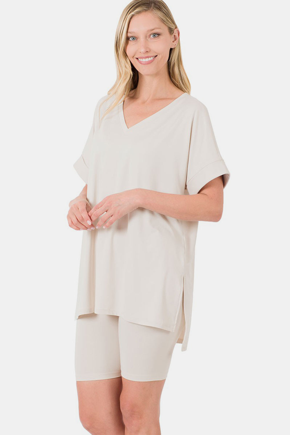 Zenana V-Neck Short Sleeve Slit T-Shirt and Shorts Set in Bone Bone Loungewear