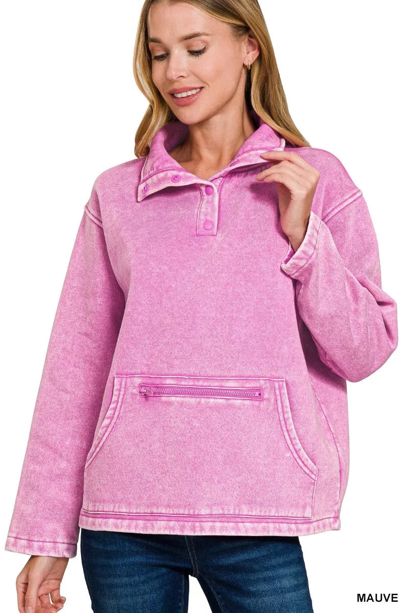 Zenana Mauve Fleece Washed High Neck Kangaroo Pocket Sweatshirt MAUVE
