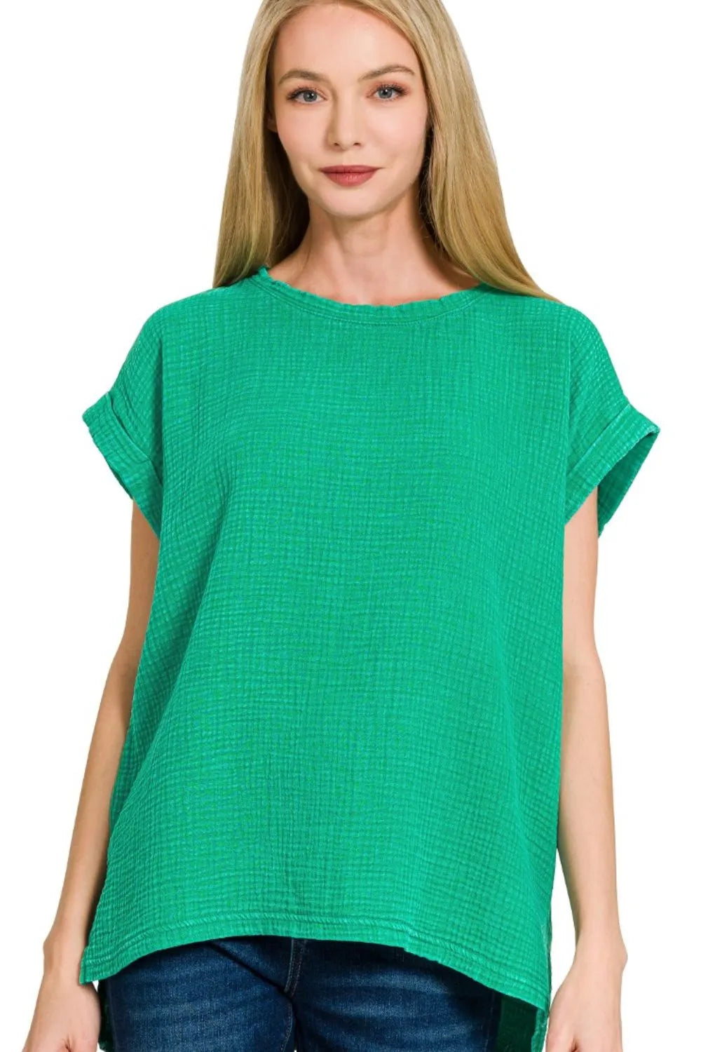 Zenana Kelly Green Woven Double Gauze Acid Washed Short Sleeve Top