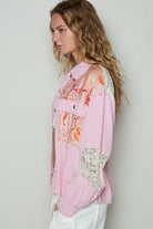 POL Pink Printed Woven Mix Raw Hem Denim Jacket with Lace Detail