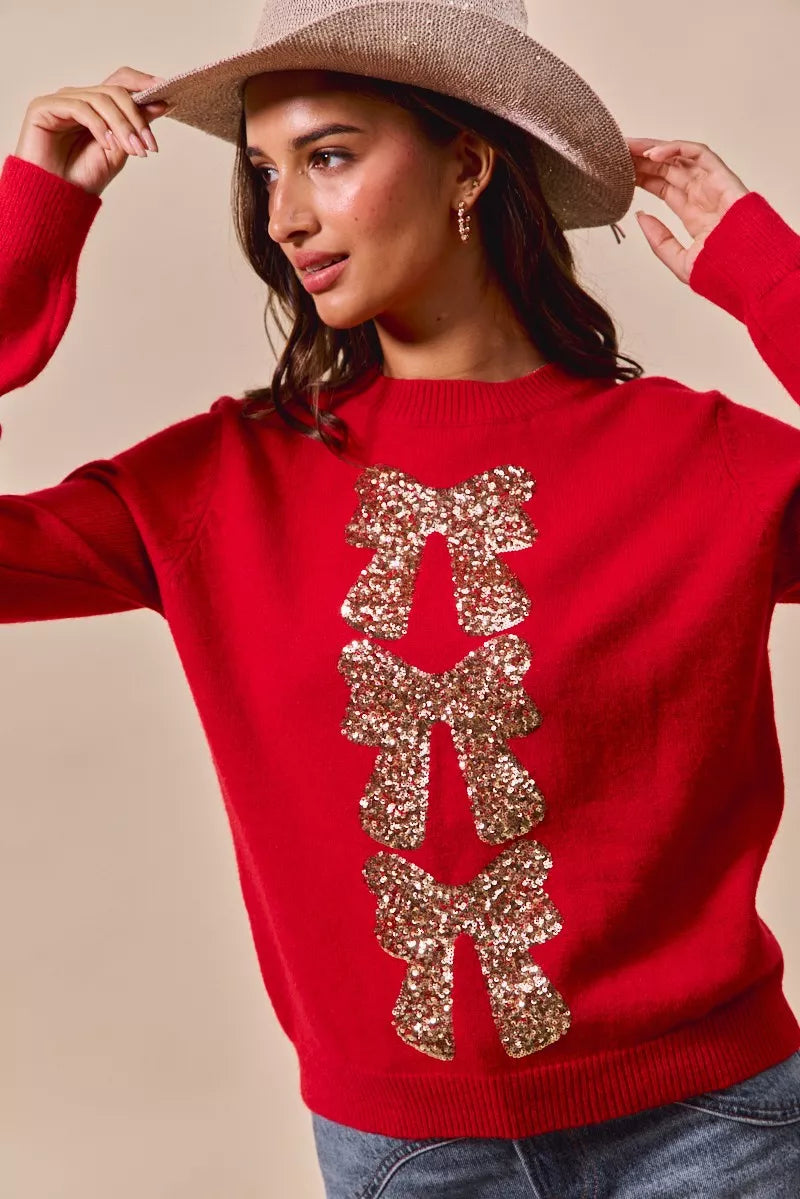 SO ME Red & Gold Sequins Bow Ribbon Embellished Christmas Sweater