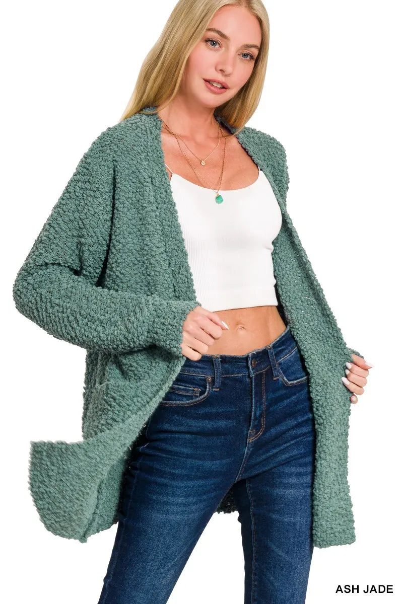 Zenana Ash Jade Long Sleeve Popcorn Sweater Cardigan with Pockets