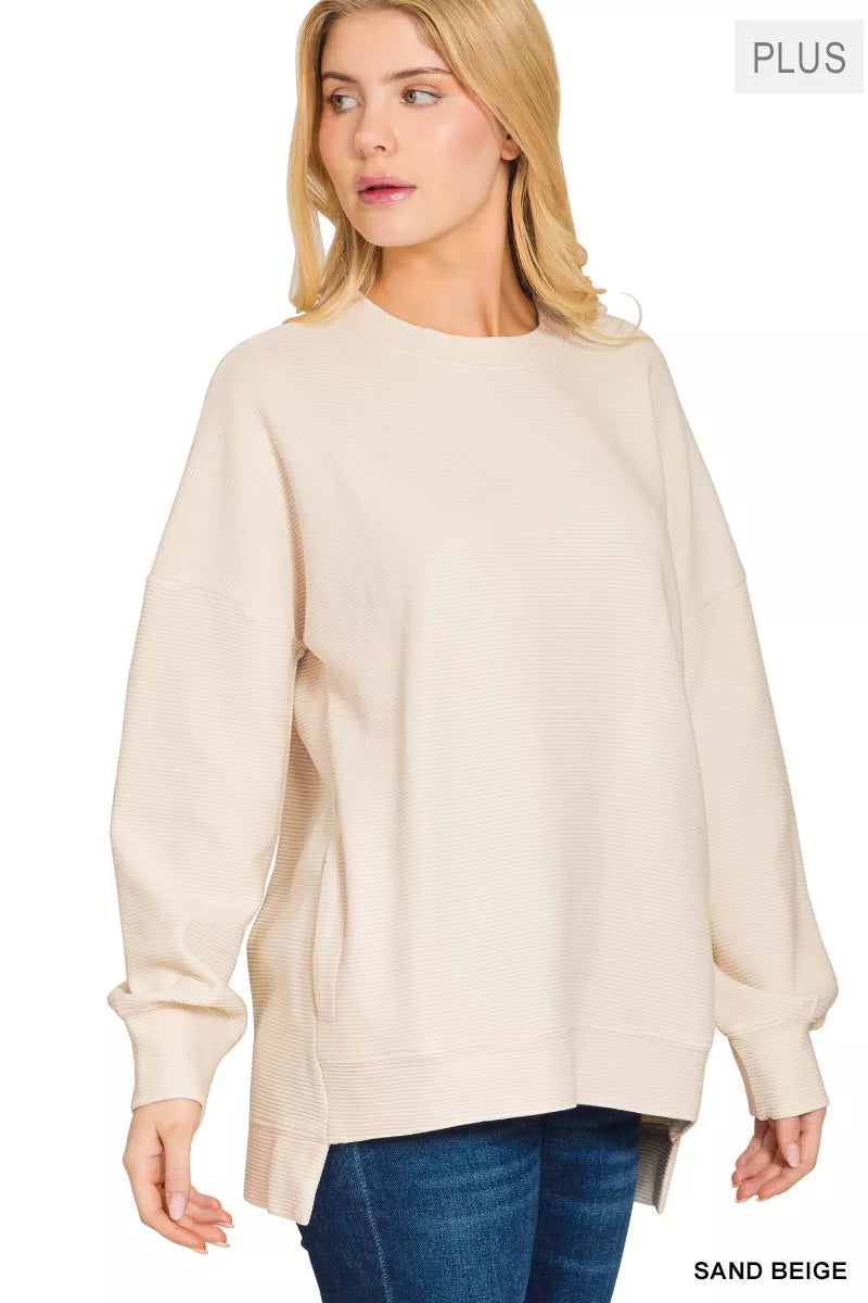 Zenana Sand Beige Acid Washed Double Ribbed Hi-low Sweatshirt