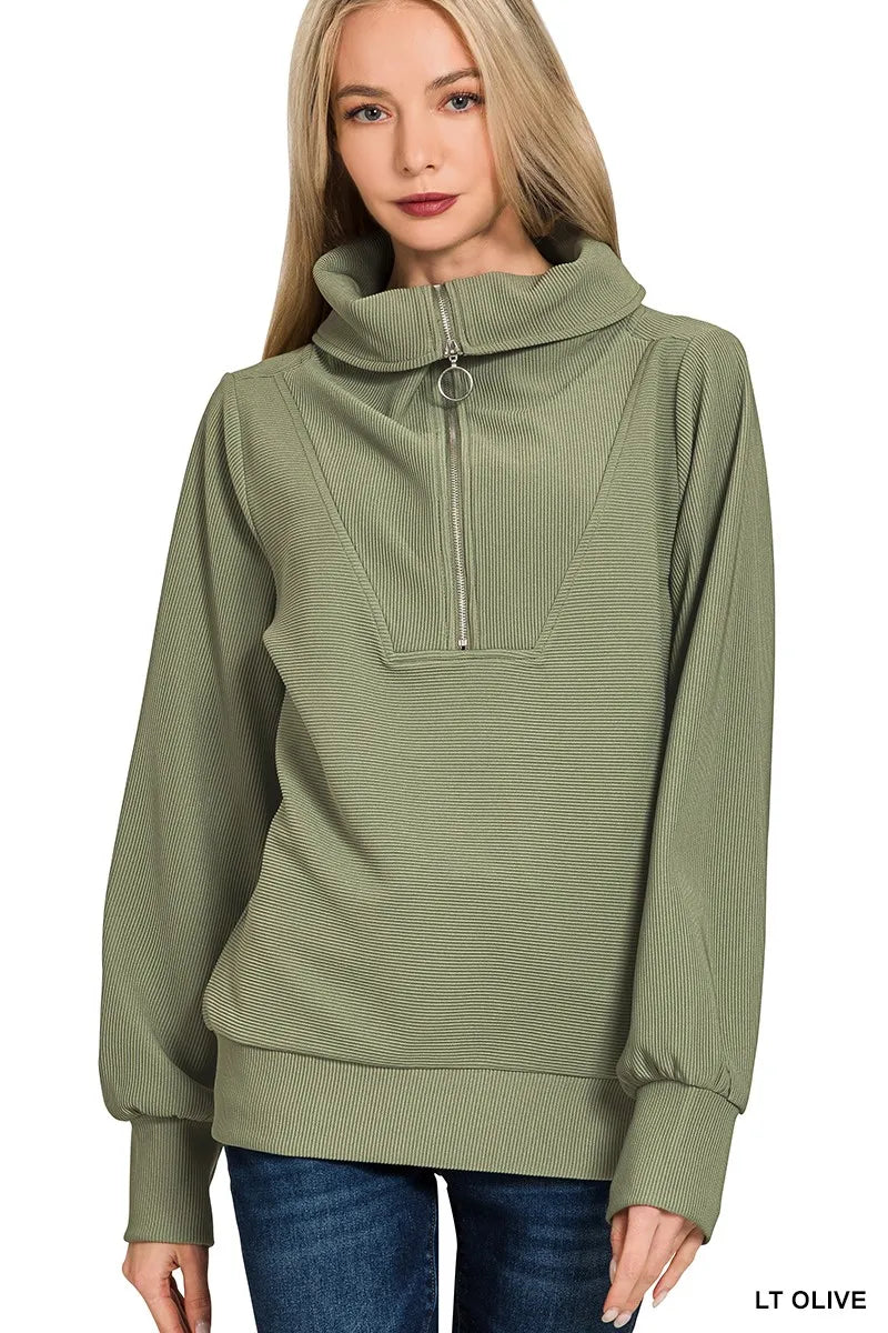 Zenana Light Olive Ribbed High Neck Half Zip Pullover & Pants Set