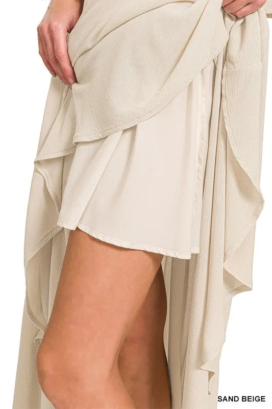 Zenana Sand Beige Woven Crinkle Gauze Crop Tee and Skirt Set