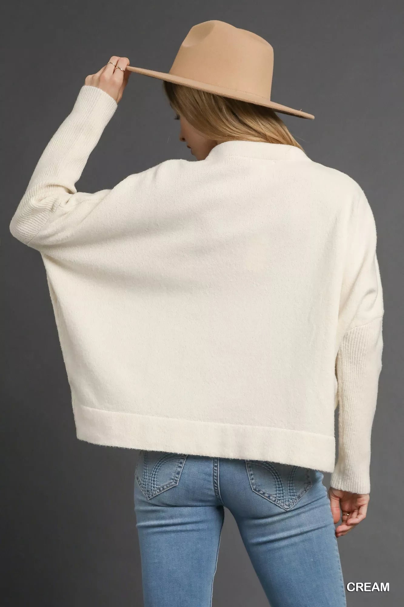 Umgee Cream V-Neck Sweater with Wide Trim Detail