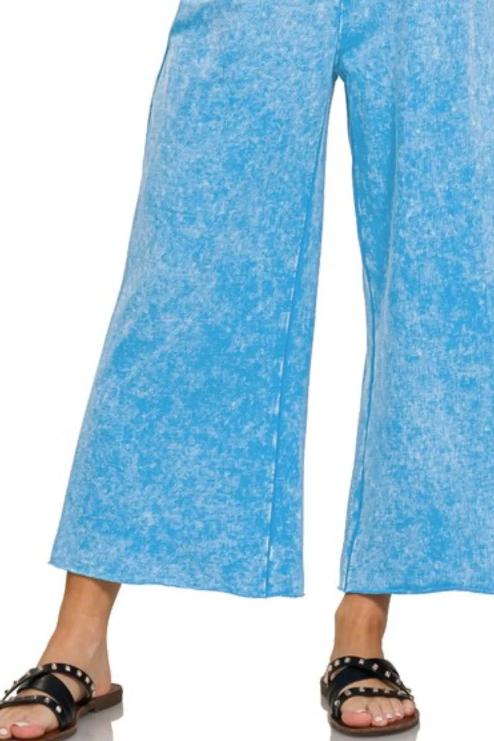 Zenana Deep Sky Washed French Terry Palazzo With Pockets