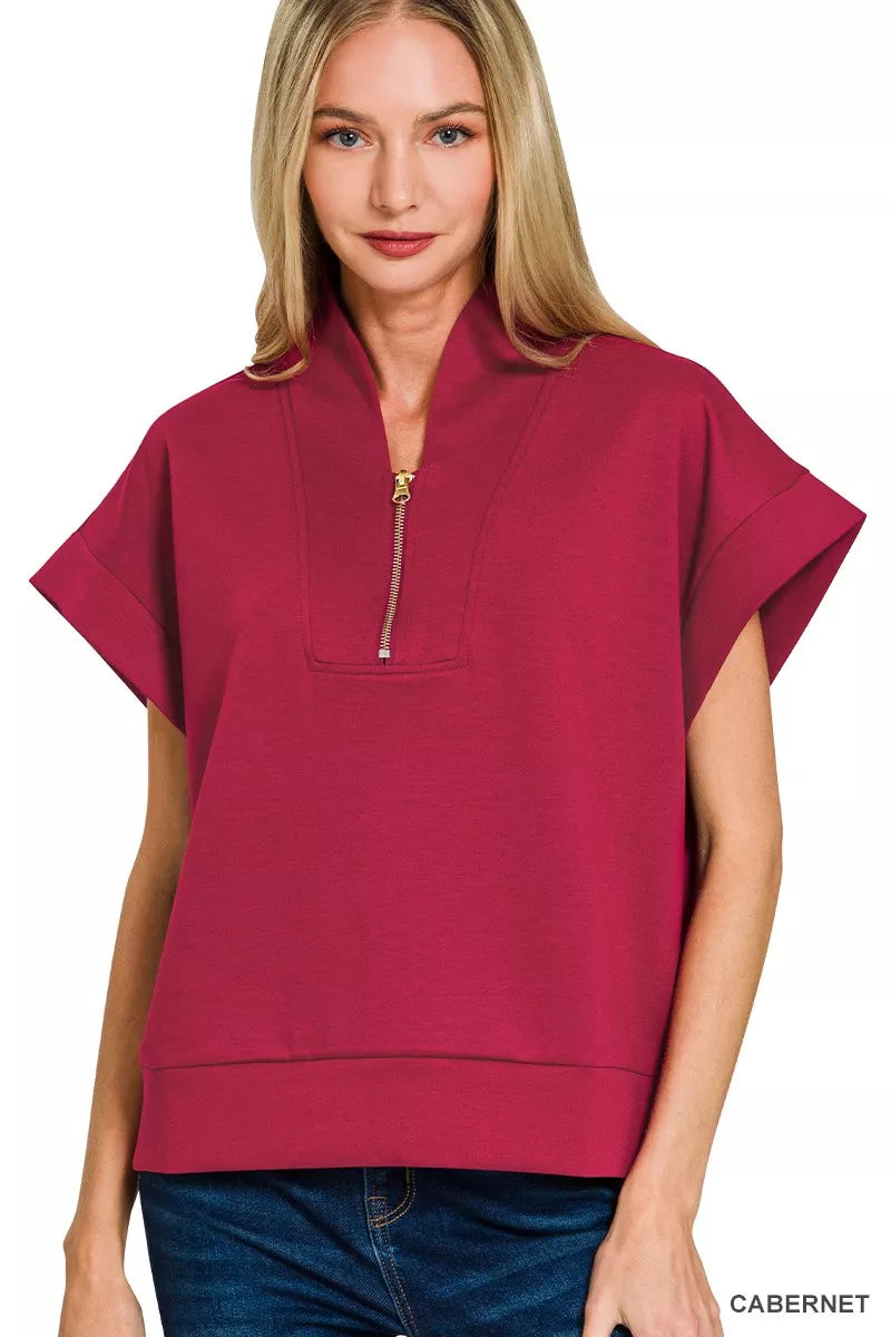 Zenana Cabernet Scuba High Neck Half Zip Top CABERNET