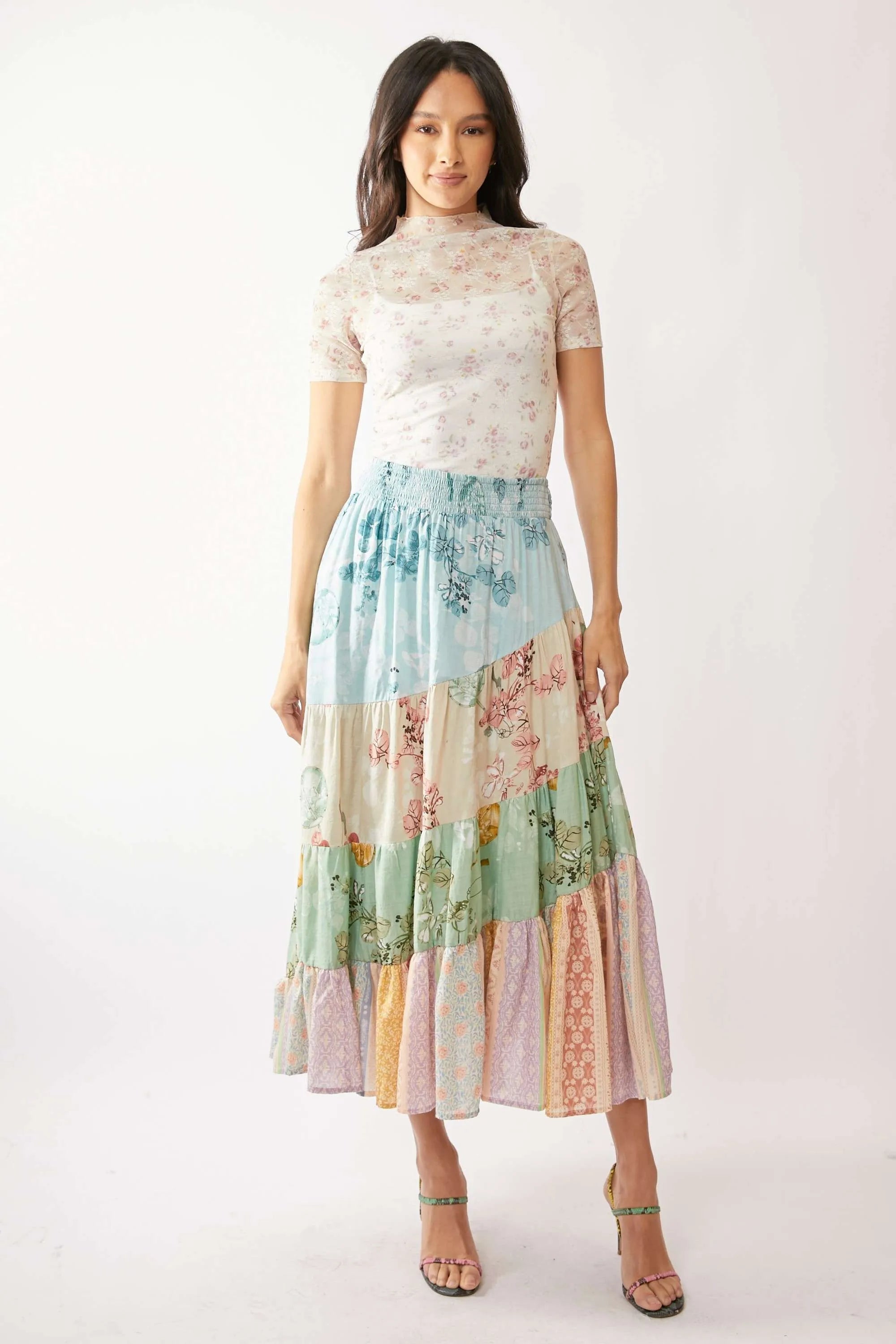 Davi & Dani Floral Mesh Mock Neck Short Sleeve Top