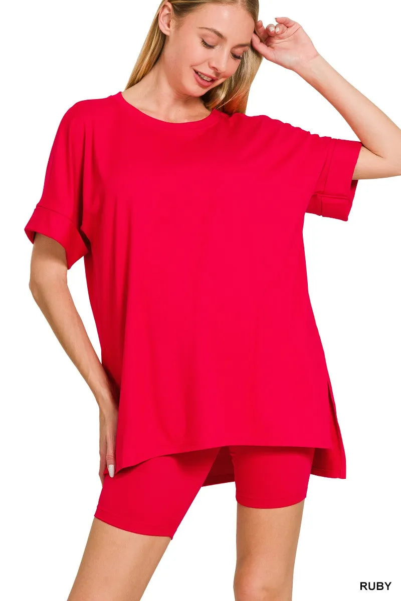 Zenana Ruby Brushed Dty Microfiber Round Neck Top and Biker Shorts Set RUBY