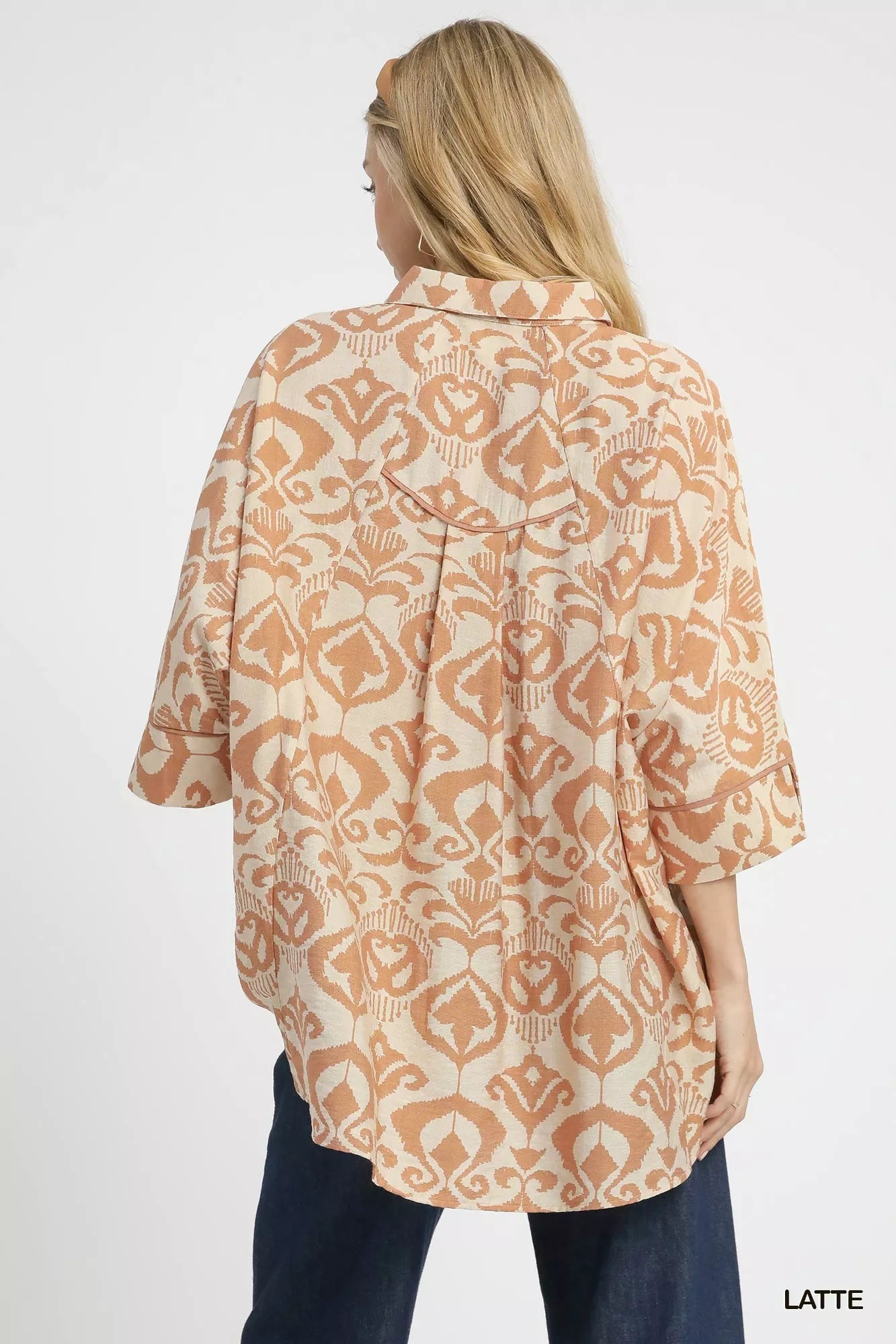 Umgee Latte Abstract Print Button-Up Oversized Shirt