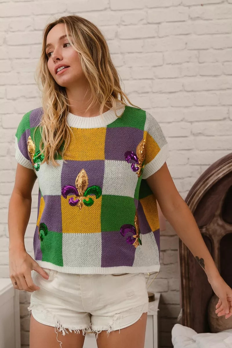 BiBi Sequin Embroidery Mardi Gras Checker Sweater Top
