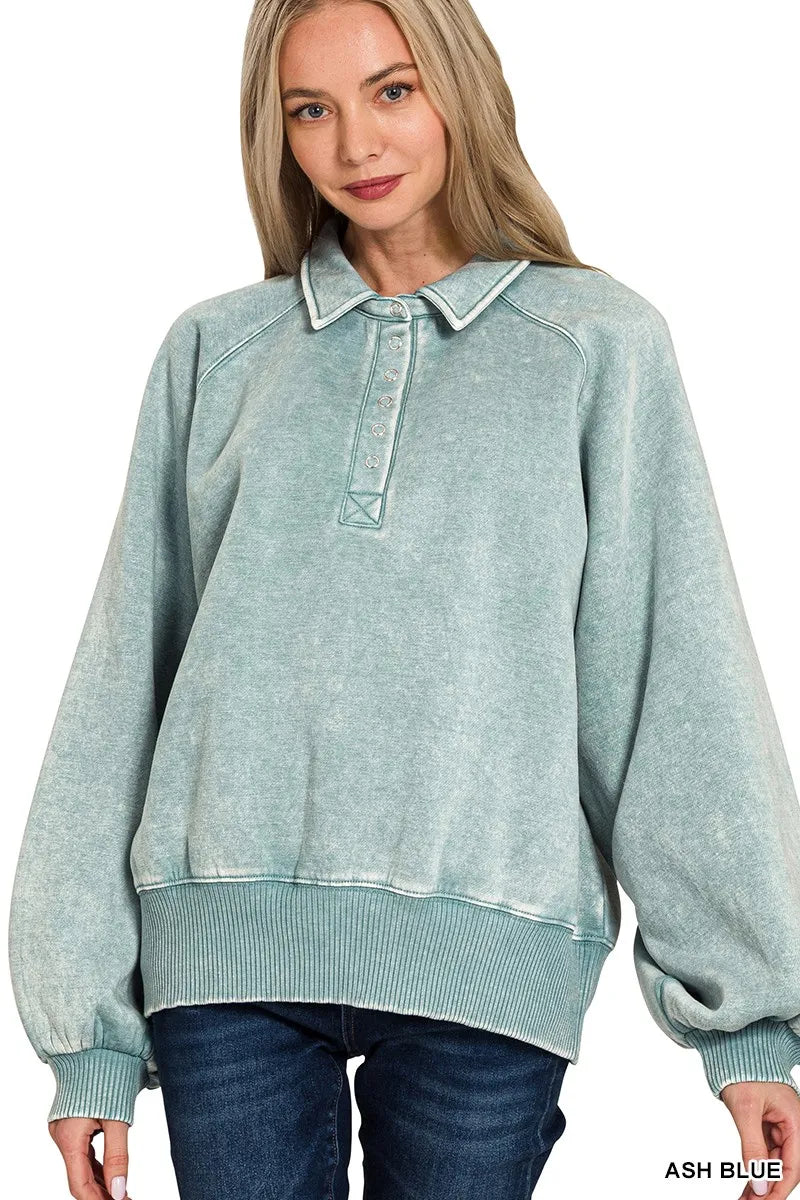 Zenana Ash Blue Acid Wash Fleece Collared Sweatshirt